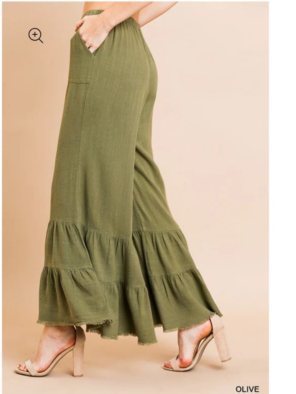 Umgee Olive Tiered Wide-Leg Pants Size Medium - Picture 2 of 6